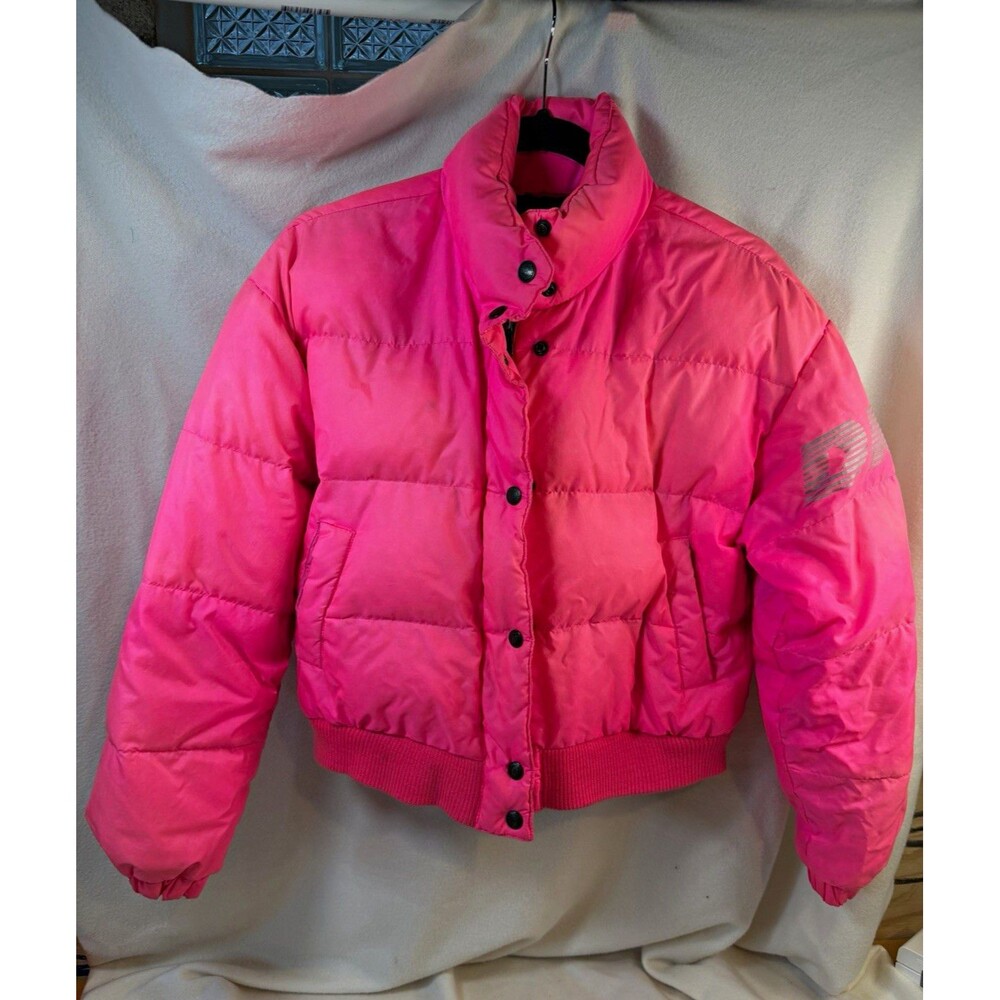 DKNY Y2K Neon Hot Pink Cropped Puffer Jacket Goose Down Spellout Petite P/P